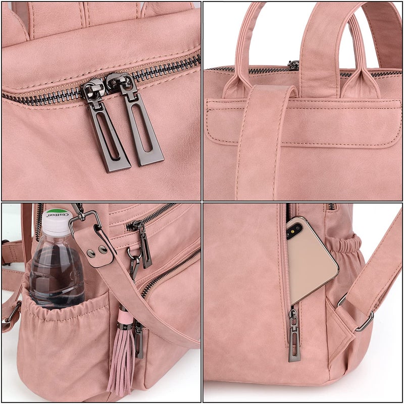 UTO حقيبة ظهر نسائية من UTO مصنوعة من جلد PU الشمعي، حقيبة سفر مصممة للأزياء مع شراشيب باللون الوردي - Image 5